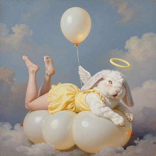 Photograph of a white bunny with a halo, wearing a yellow dress, lying on white balloons, holding a glowing balloon, against a cloudy sky background