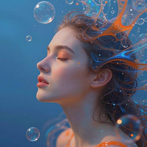 Digital art of a serene young woman with closed eyes, underwater, surrounded by bubbles, with orange and blue light swirling hair.