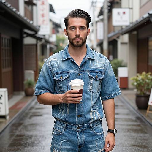 Photograph of a handsome, bearded man with blue eyes, wearing a denim shirt and pants, holding a coffee cup, standing in a wet,