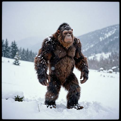 Photograph of a realistic, furry, snow-covered gorilla with a serious expression standing in a snowy mountain landscape with trees in the background.