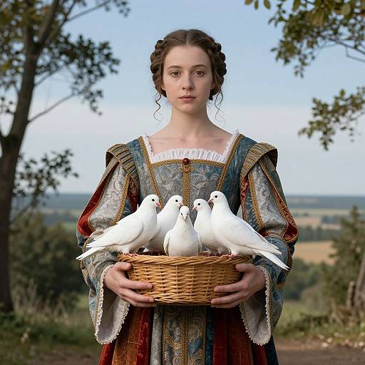 Photograph of a young woman with fair skin, brown hair in braids, wearing a medieval-style dress, holding a wicker basket with four white
