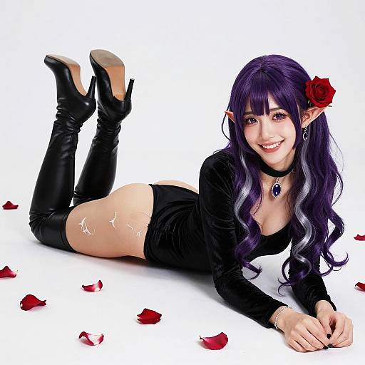 Purple-Haired Elf Cosplayer with Red Rose and Black Boots