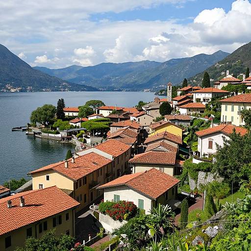 Photograph of a picturesque Italian village with red-tiled roofs, surrounded by a lake and mountains under a partly cloudy sky.