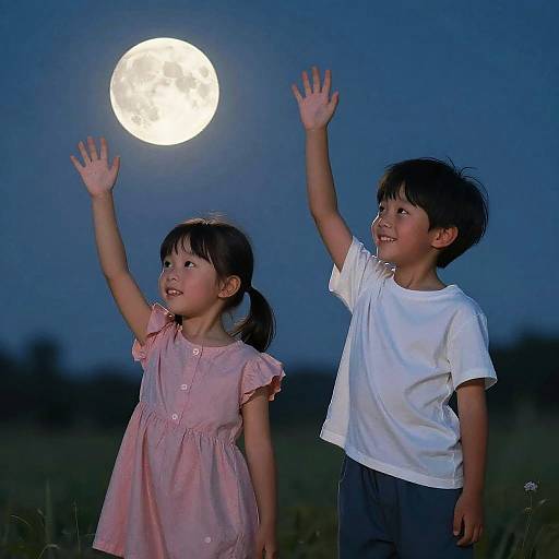 Dreamy Night Scene with Waving Children