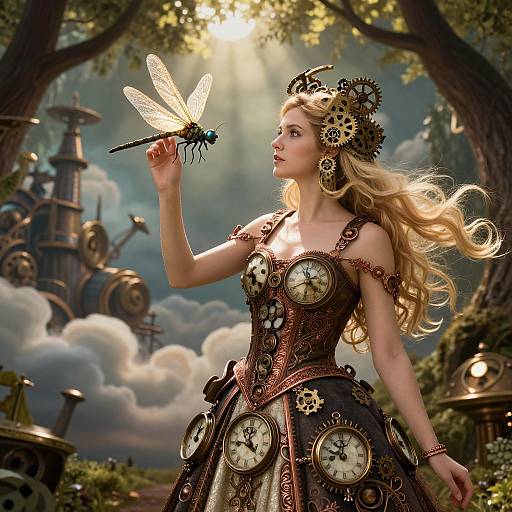 Fantasy photograph of a blonde woman in steampunk clockwork dress, holding a glowing dragonfly, surrounded by clock towers in a sunlit forest