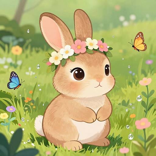 Adorable cartoon bunny with flower crown, large brown eyes, and beige fur, sits in vibrant green meadow with colorful flowers and two butterflies. Digital