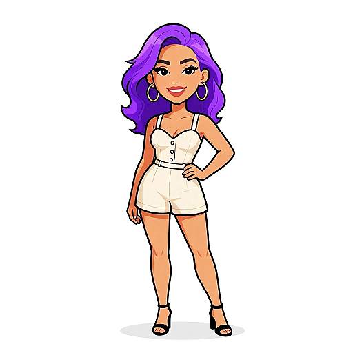 Cartoon-style drawing of a confident woman with purple hair, wearing a white romper, black heels, and large hoop earrings, standing with one hand