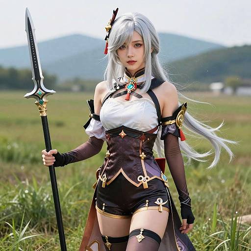 Digital art of a silver-haired anime woman in black and white fantasy armor, holding a staff, standing in a grassy field with mountains in the background