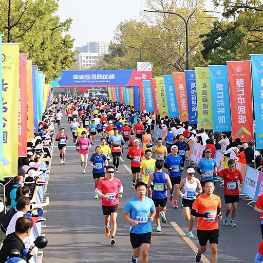 Photograph of a vibrant marathon race with diverse runners in colorful attire, passing under a blue archway with Asian characters, surrounded by trees and spectators.