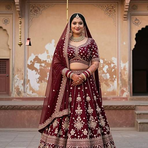 Photograph of a smiling South Asian bride in a maroon embroidered lehenga and dupatta, standing in front of a traditional, ornate building.