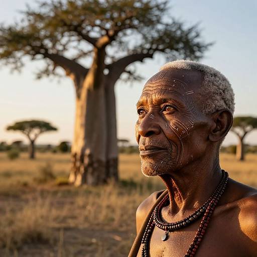 Photograph of elderly African man with dark skin, short gray hair, and beaded necklace, gazing thoughtfully at sunlit savanna with large