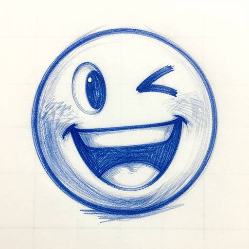 Blue sketch of a playful, smiling, winking face emoji with one eye closed and wide mouth open, drawn in a digital medium.