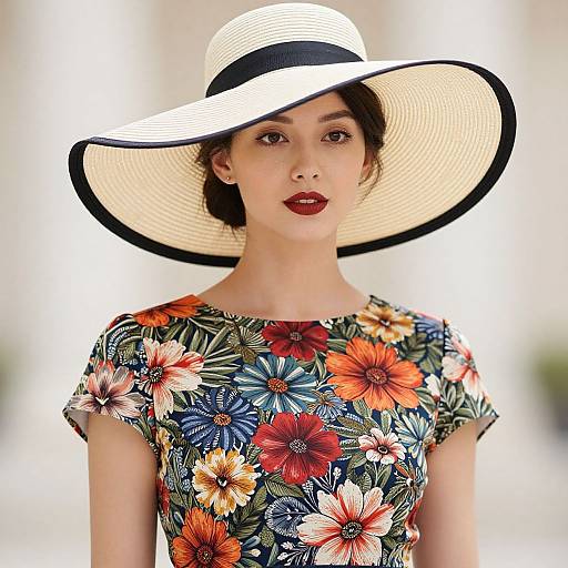 Photograph of a fair-skinned woman with dark hair, wearing a wide-brimmed white hat with a black band, and a floral dress with
