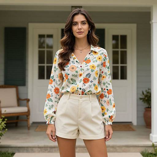 Photograph of a woman with long, wavy brown hair, wearing a floral blouse and white high-waisted shorts, standing in front of a