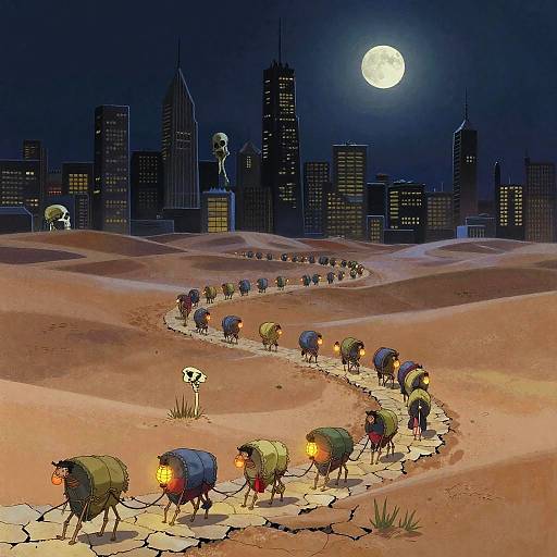 Gouache Moonlit Caravan Through Skyscraper Ruins