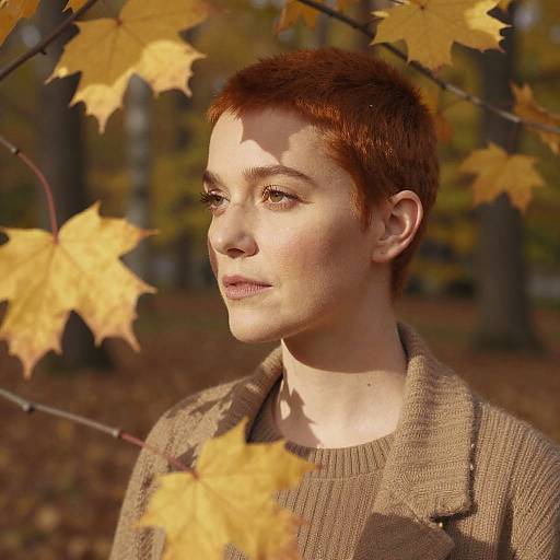 Photograph of a red-haired woman with short hair, wearing a brown knit sweater, standing in a sunlit autumn forest with yellow leaves in the foreground