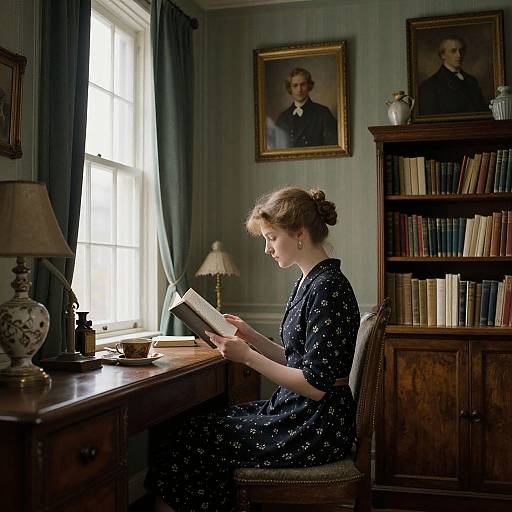 Photograph of a Victorian-era woman in a dark, floral dress, reading at a wooden desk in a dimly lit study, with framed portraits and