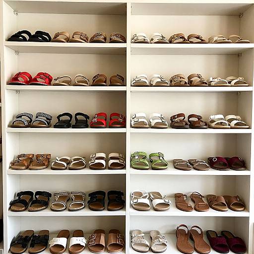 Photograph of a well-lit, white-shelved closet displaying various pairs of sandals and shoes, arranged neatly by color and style.