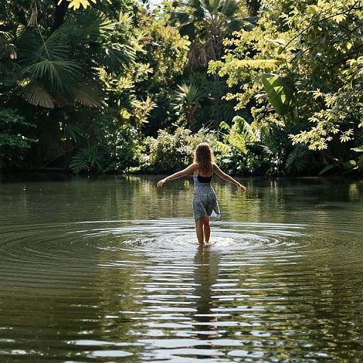 Photograph of a young girl with blonde hair in a blue dress, standing waist-deep in a serene, sunlit forest pond, arms outst