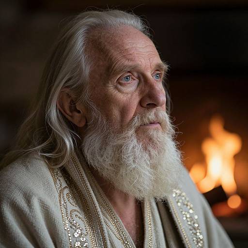 Photograph of an elderly man with long white hair and beard, wearing a beige, embroidered robe, gazing thoughtfully into the distance with a warm