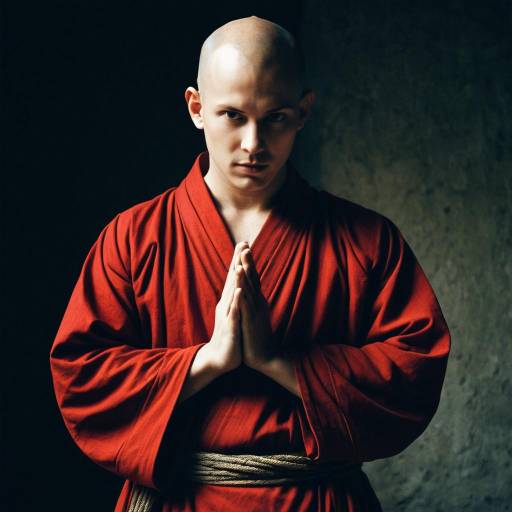Bald Male Monk in Red Robe with Hands Together