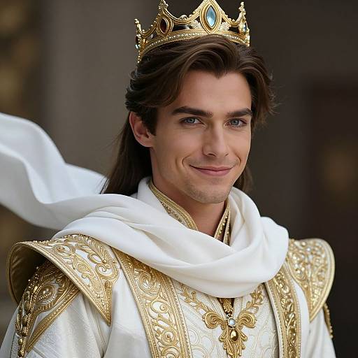 Photograph of a handsome man with long brown hair, blue eyes, wearing a gold crown, white robe with ornate gold trim, smiling subtly.