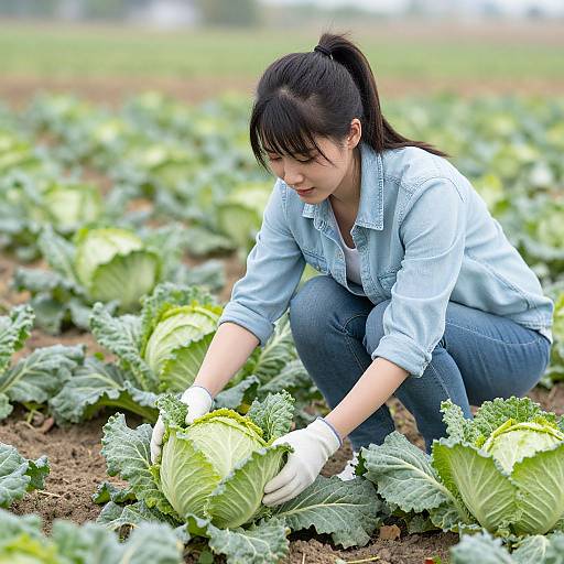 Photograph of an Asian woman with black hair in a ponytail, wearing a light blue shirt and gloves, crouching in a cabbage field,