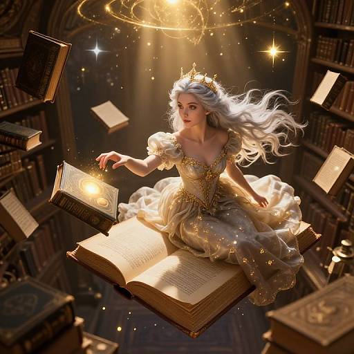 Digital illustration of a ethereal, white-haired queen with a golden crown, in a glowing, gold-embellished dress, floating above open magical