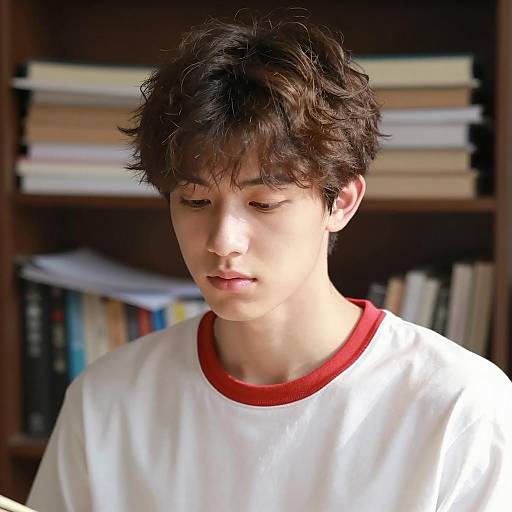 Young Man Reading by Bookshelf