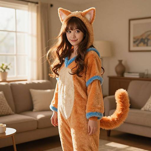 Photograph of a young woman with long brown hair, wearing an orange furry cat costume with blue trim, standing in a sunlit living room.