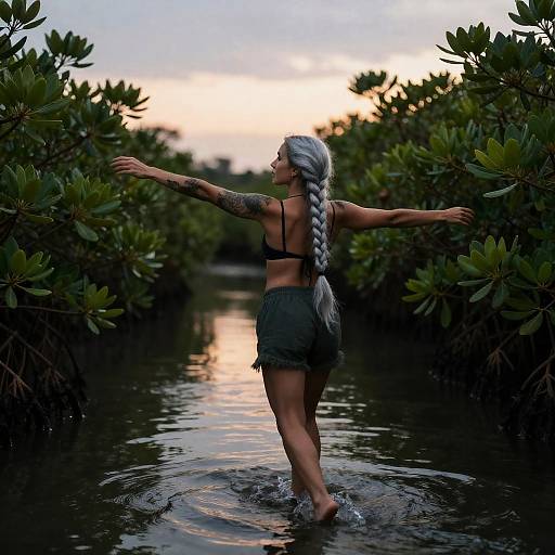 Woman with Silver Braid in Bioluminescent Mangrove