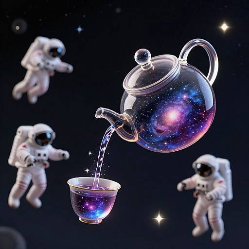 Digital illustration: Glass teapot with galaxy inside pouring into transparent cup, floating in space with four astronaut figures.