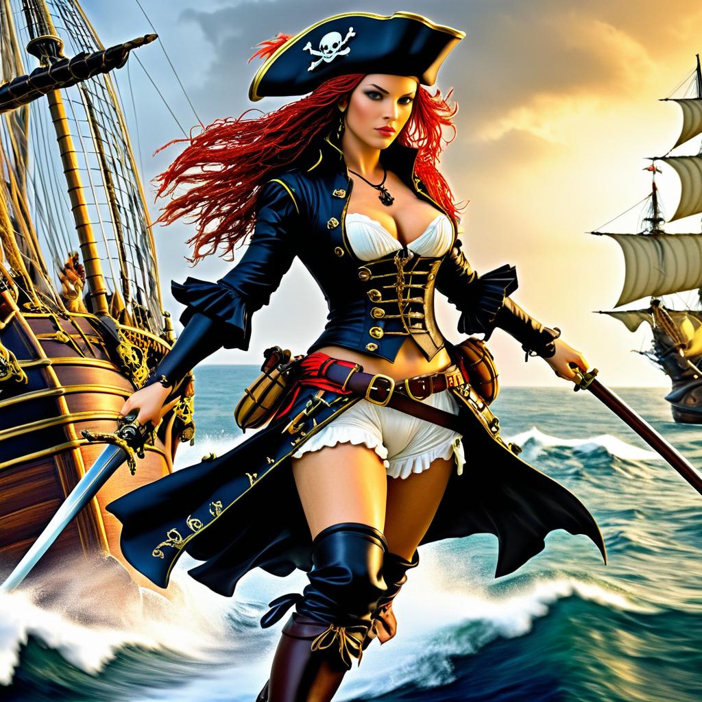 Adventurous Female Pirate in Epic Battle