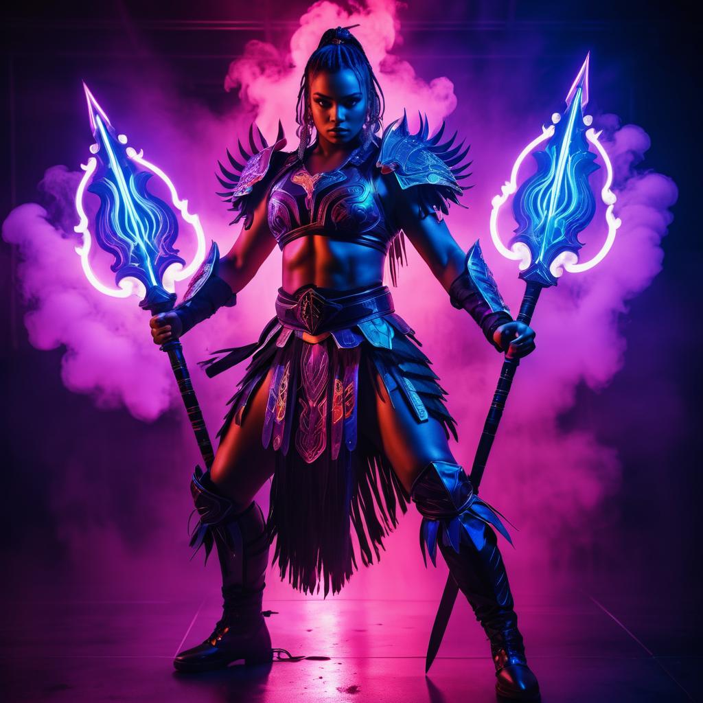 Fierce Warrior in Neon Battle Stance