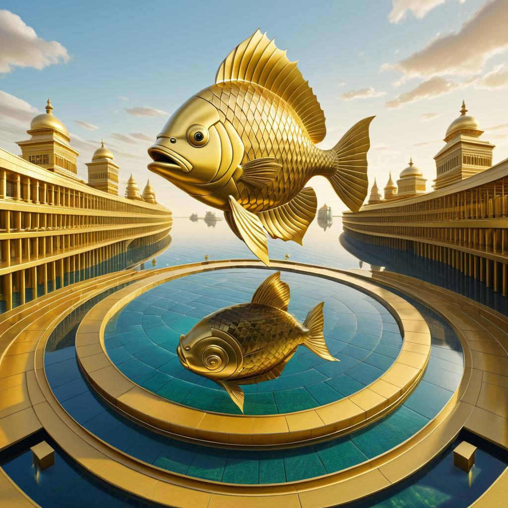 Majestic Fish Statue in Surreal Landscape