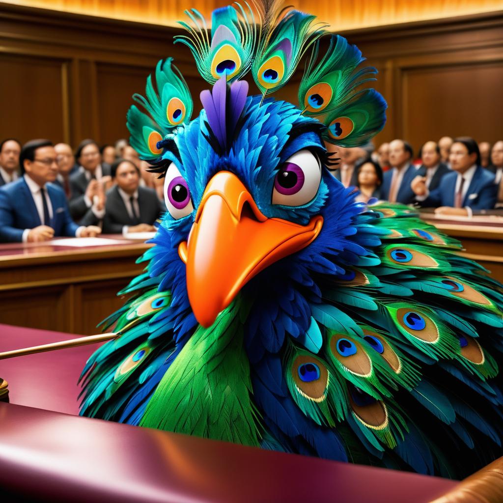 Animated Courtroom with Flamboyant Peacock