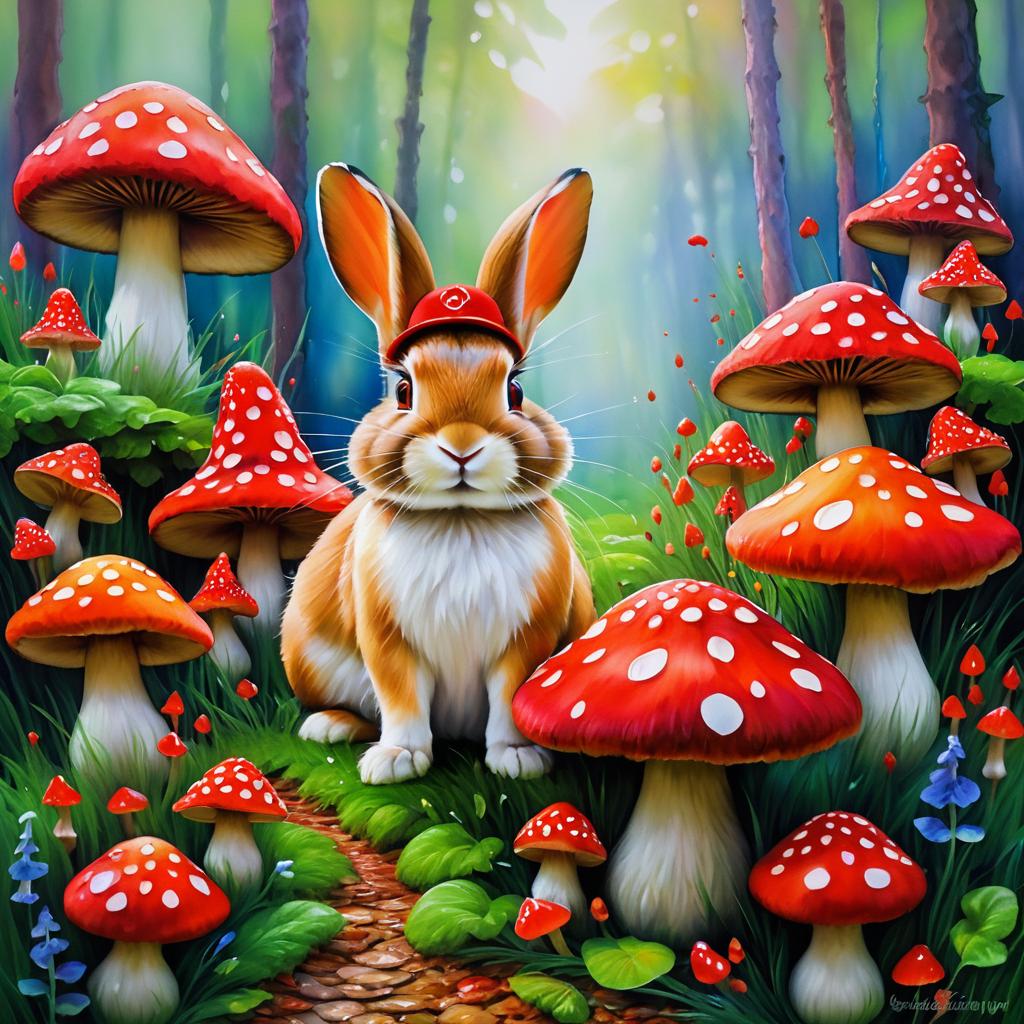 Whimsical Rabbit in a Mushroom Wonderland