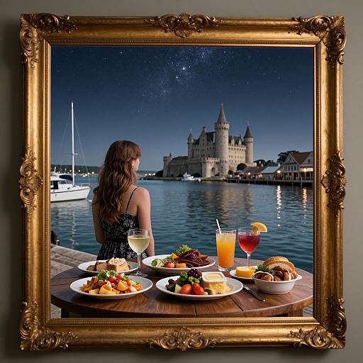 Photograph of a woman with long brown hair, in a black dress, dining by a waterfront, framed by an ornate gold frame, with castle