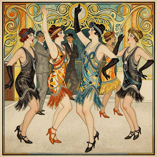 Art Nouveau-style illustration of five flapper women in colorful, fringed dance dresses and black gloves, performing a lively dance, with three men in