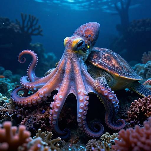 Vibrant photograph of a purple-orange octopus with yellow eyes, curled tentacles, and a brown-green turtle shell, amidst colorful coral reef,