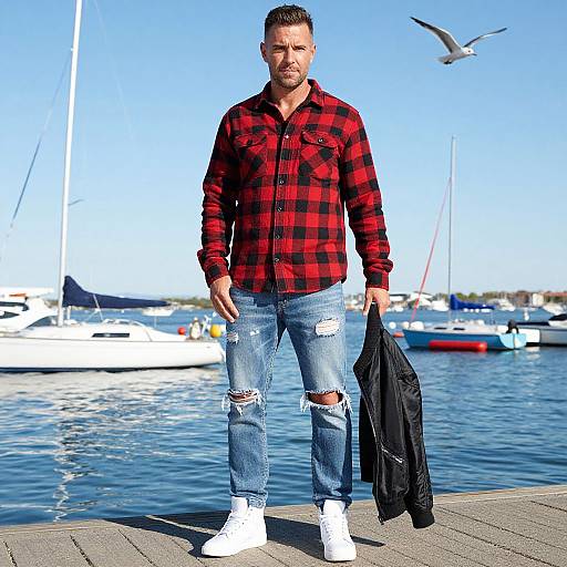 Photograph of a muscular man with short brown hair, wearing a red plaid shirt, ripped jeans, and white sneakers, holding a black jacket,