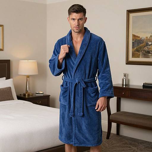 Photograph of a handsome, muscular man with short brown hair, wearing a blue bathrobe, standing in a tidy, warmly lit bedroom.
