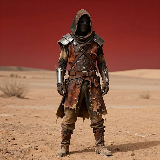 Photograph of a hooded, masked warrior in tattered leather armor with metal shoulder plates, standing in a desolate, red desert.