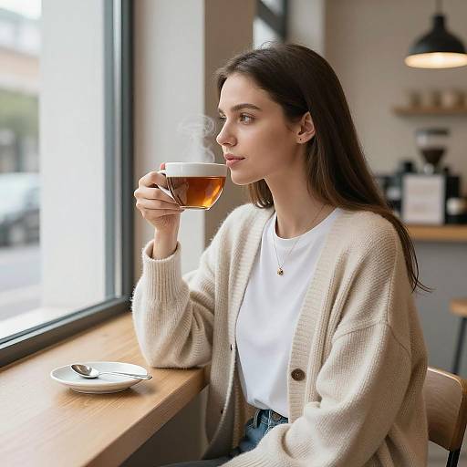 Thoughtful Brunette in Minimalist Café