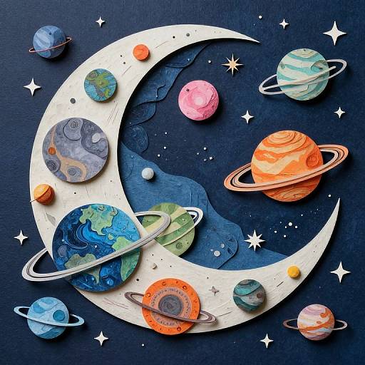 Whimsical digital art of colorful planets with rings orbiting a white crescent moon on a dark blue starry background.