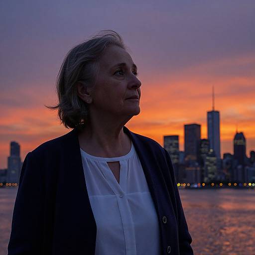 Photograph of an older woman with short gray hair, wearing a white blouse and black cardigan, gazing at a vibrant sunset over a city skyline