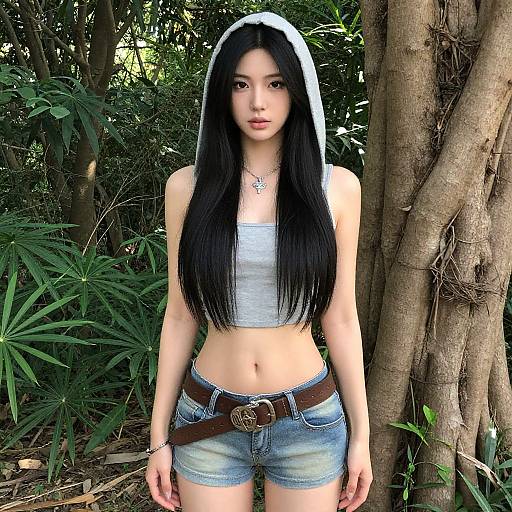 Photograph of an Asian woman with long black hair, wearing a white crop top, denim shorts, and a hooded jacket, standing in a lush