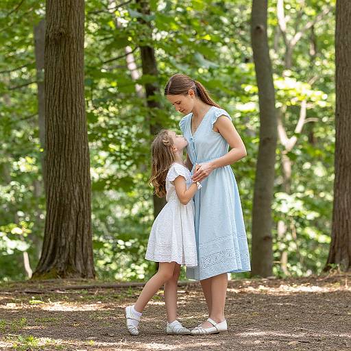 Photograph of a woman in a light blue dress holding hands with a young girl in a white dress, standing on a forest path with tall trees and