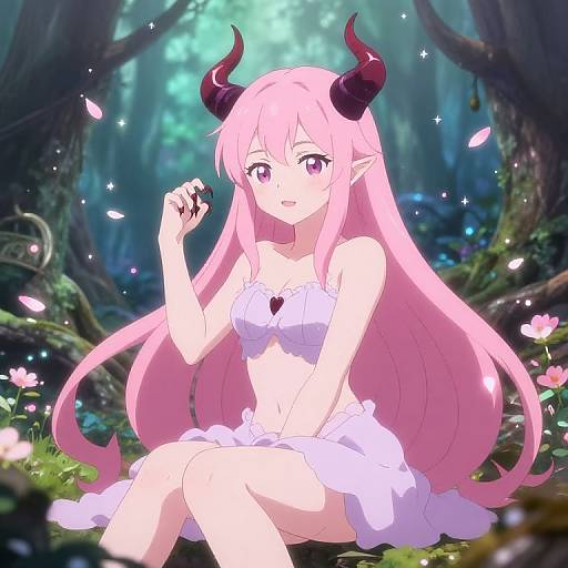 Digital anime-style drawing of a pink-haired, demon girl with black horns, wearing a white, frilled dress, sitting in a luminous forest with