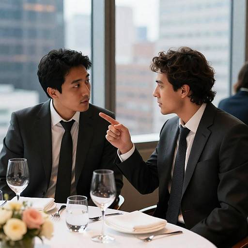 Two Men in Suits Having Intense Discussion in Restaurant